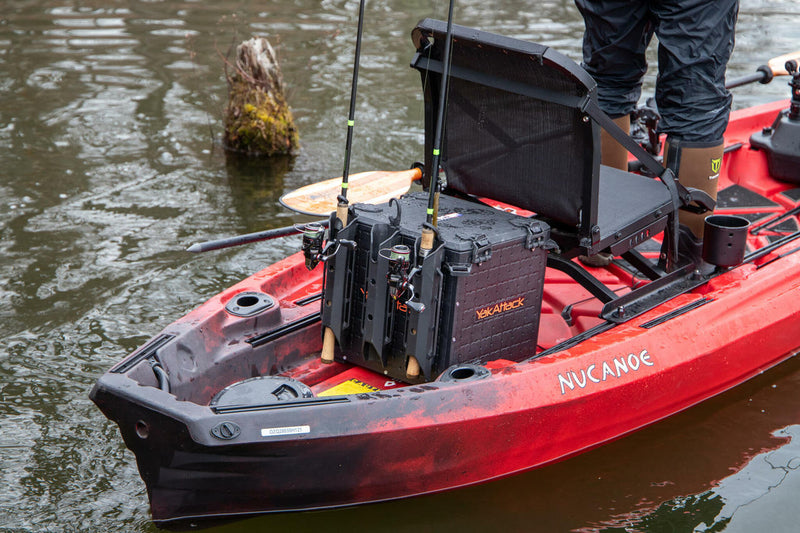 fishing crate with rod holders YakAttack BlackPak Pro Kayak Fishing Crate